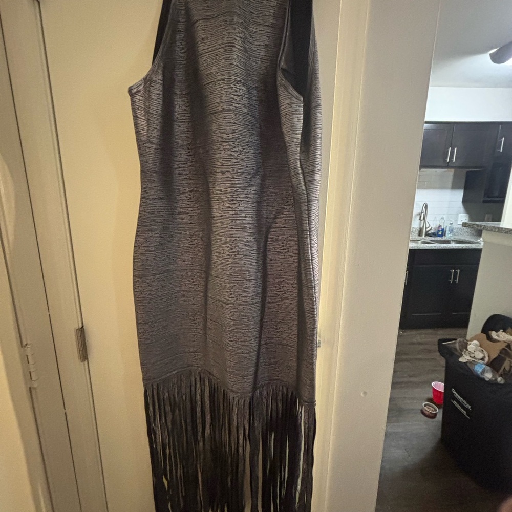 Boston Proper Metallic Silver Fringe Halter Midi Dress - Picture 9 of 12